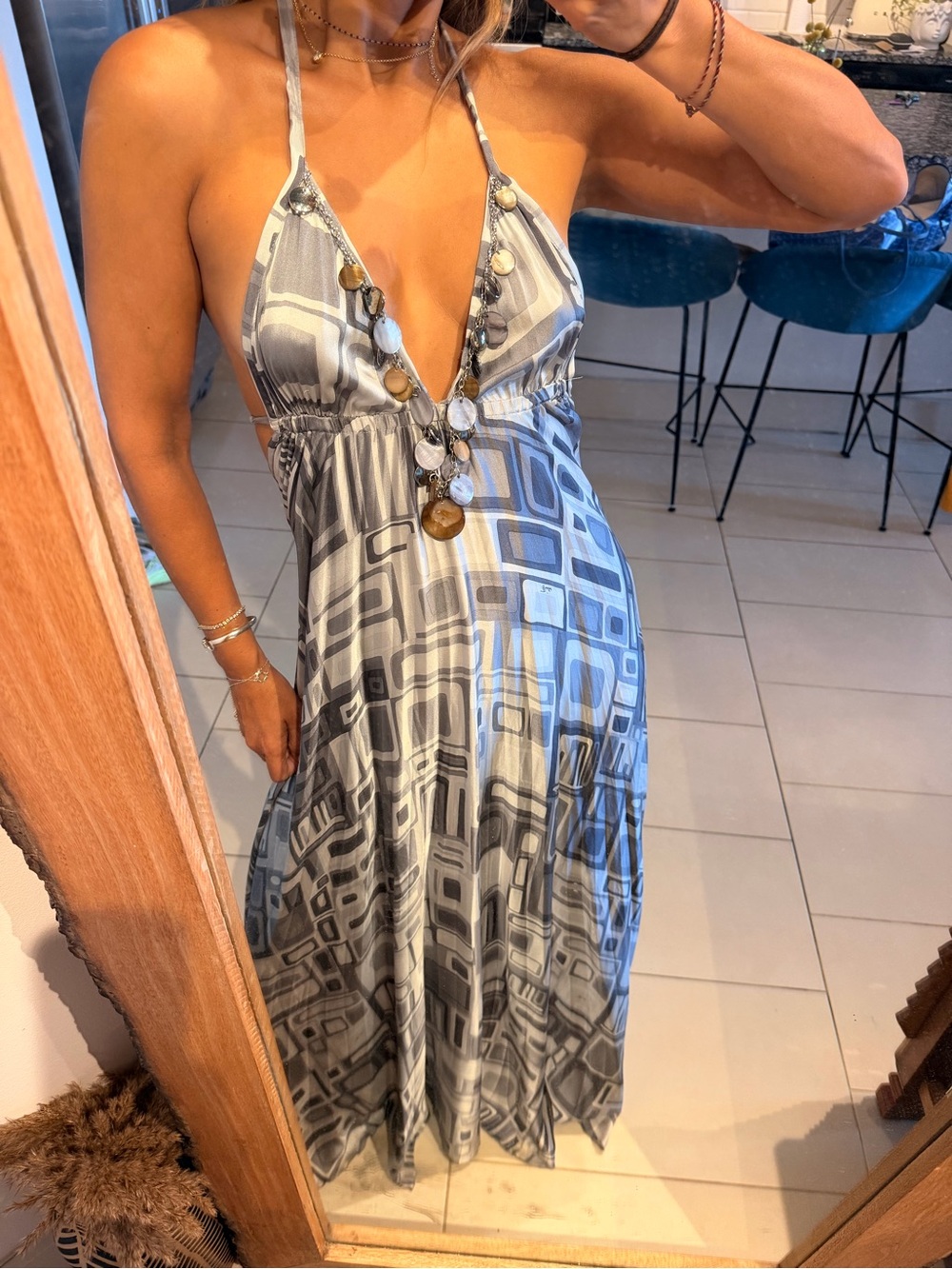 Vintage 90s Emilio Pucci Grey Geometric Halter Maxi Dress - Picture 8 of 10